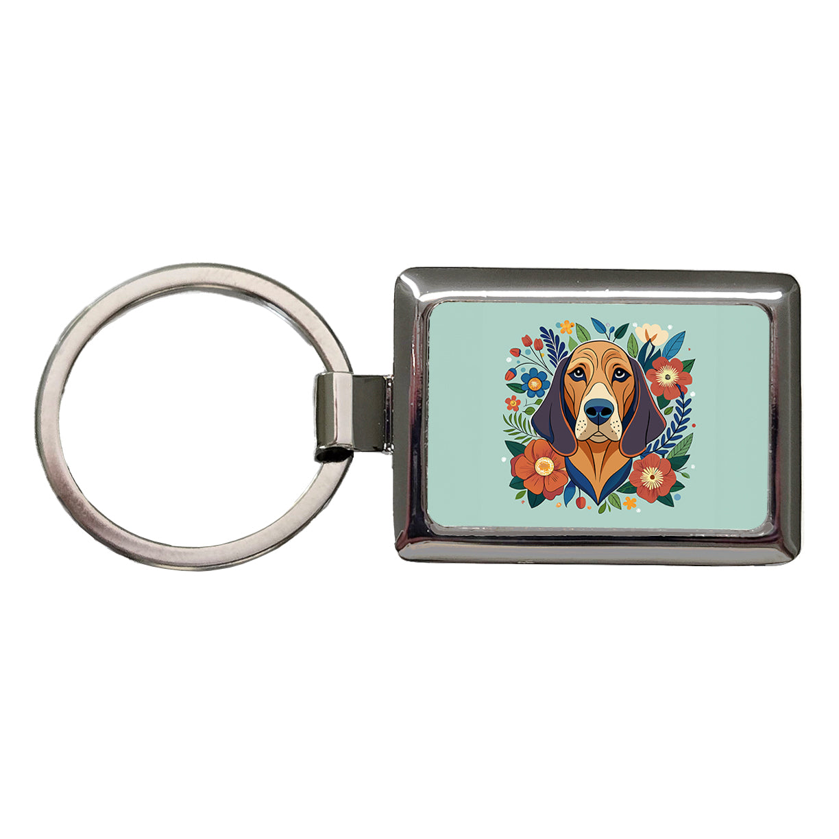 Bloodhound Dog Floral Flowers Rectangle Metal Keychain