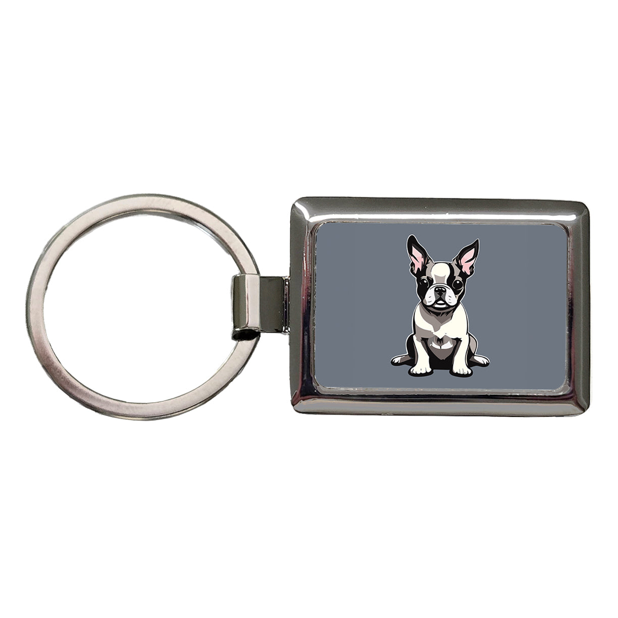 Boston Terrier Dog Sitting Rectangle Metal Keychain