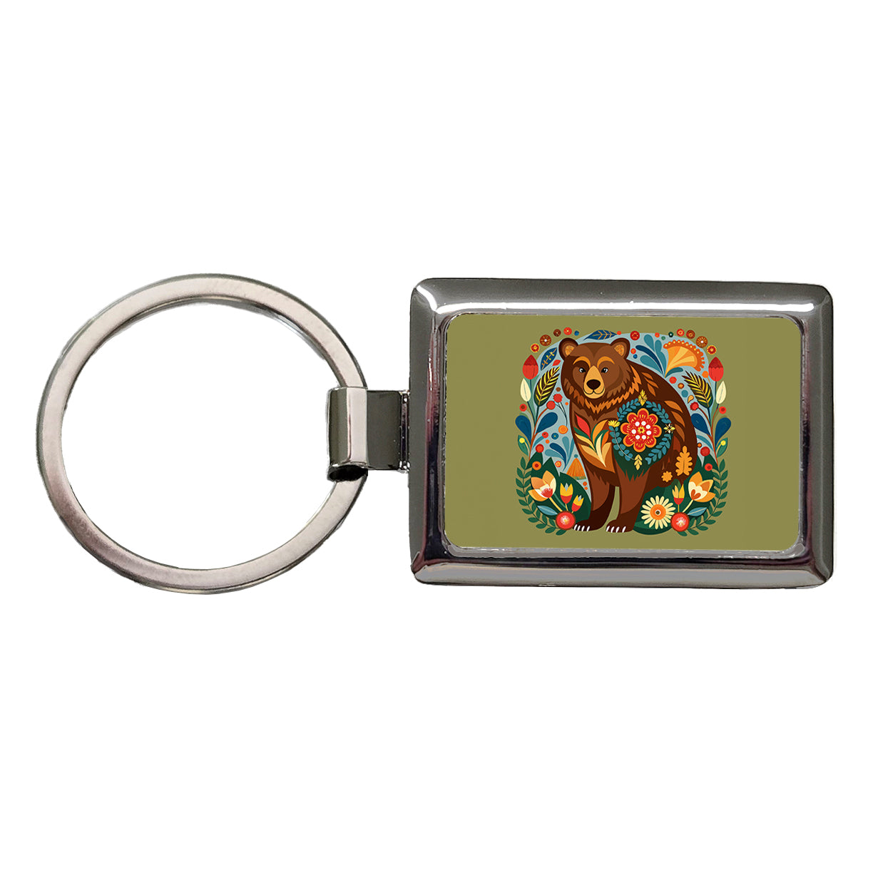 Brown Bear Floral Motif Rectangle Metal Keychain