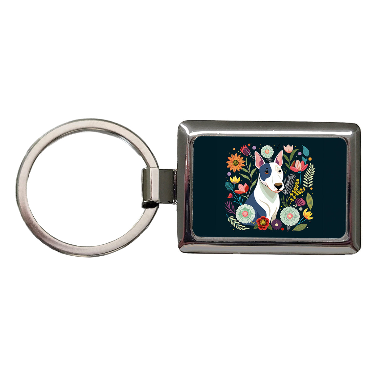 Bull Terrier Dog Floral Flowers Rectangle Metal Keychain