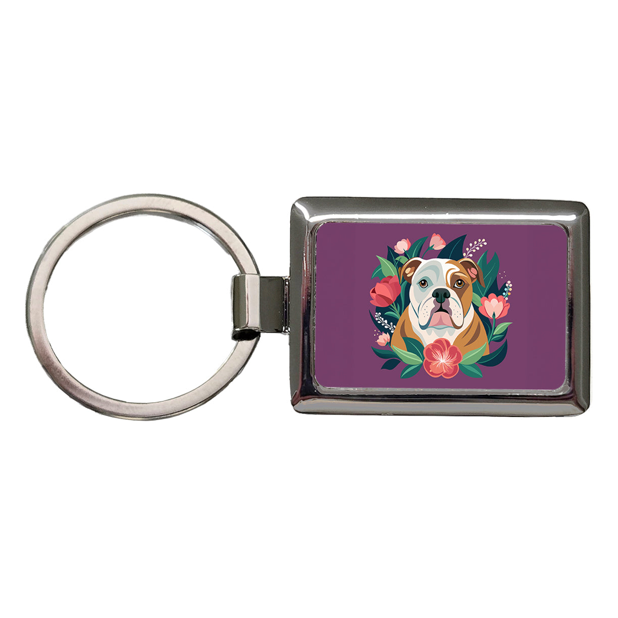 Bulldog Dog Floral Flowers Purple Background Rectangle Metal Keychain