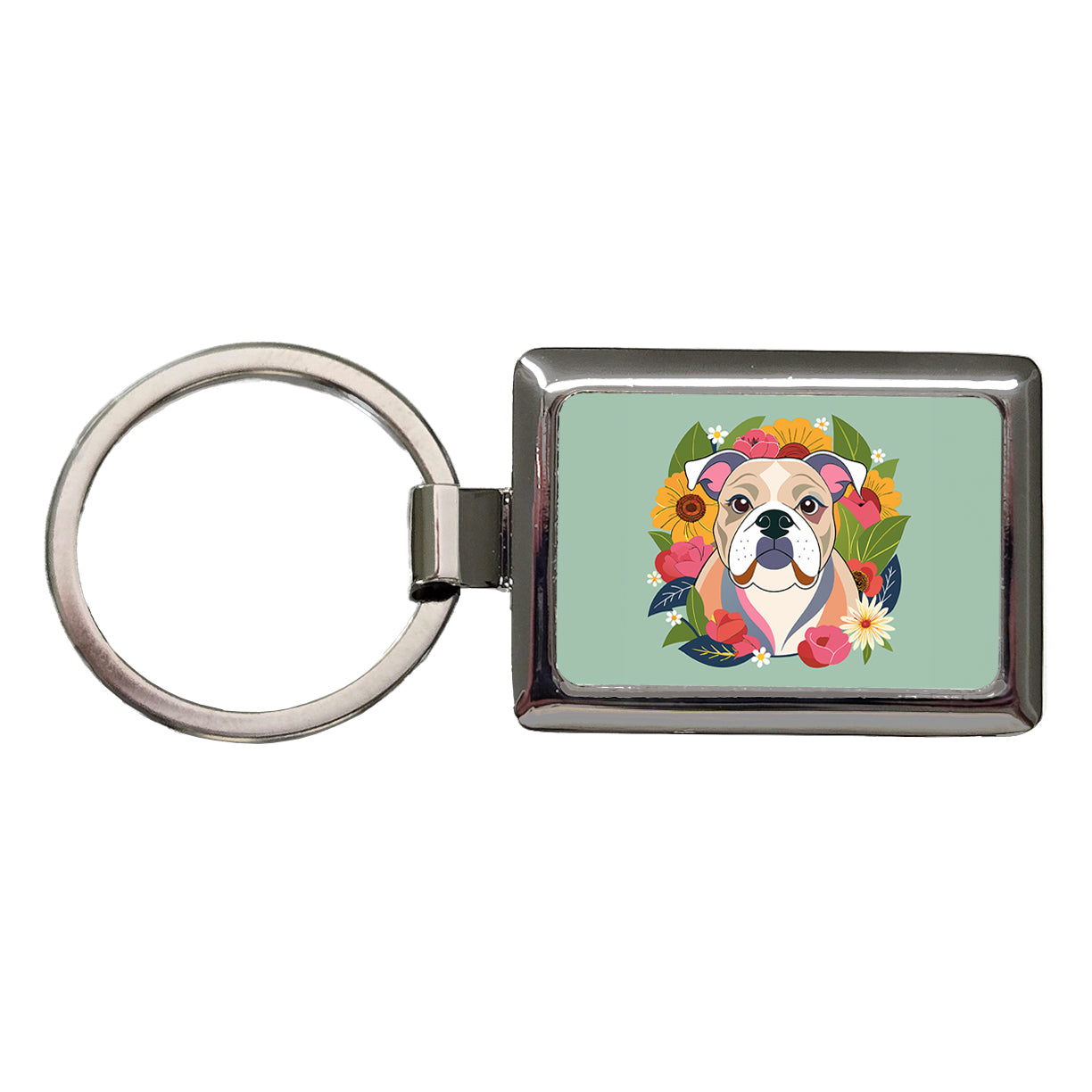 Bulldog Dog Floral Flowers Rectangle Metal Keychain