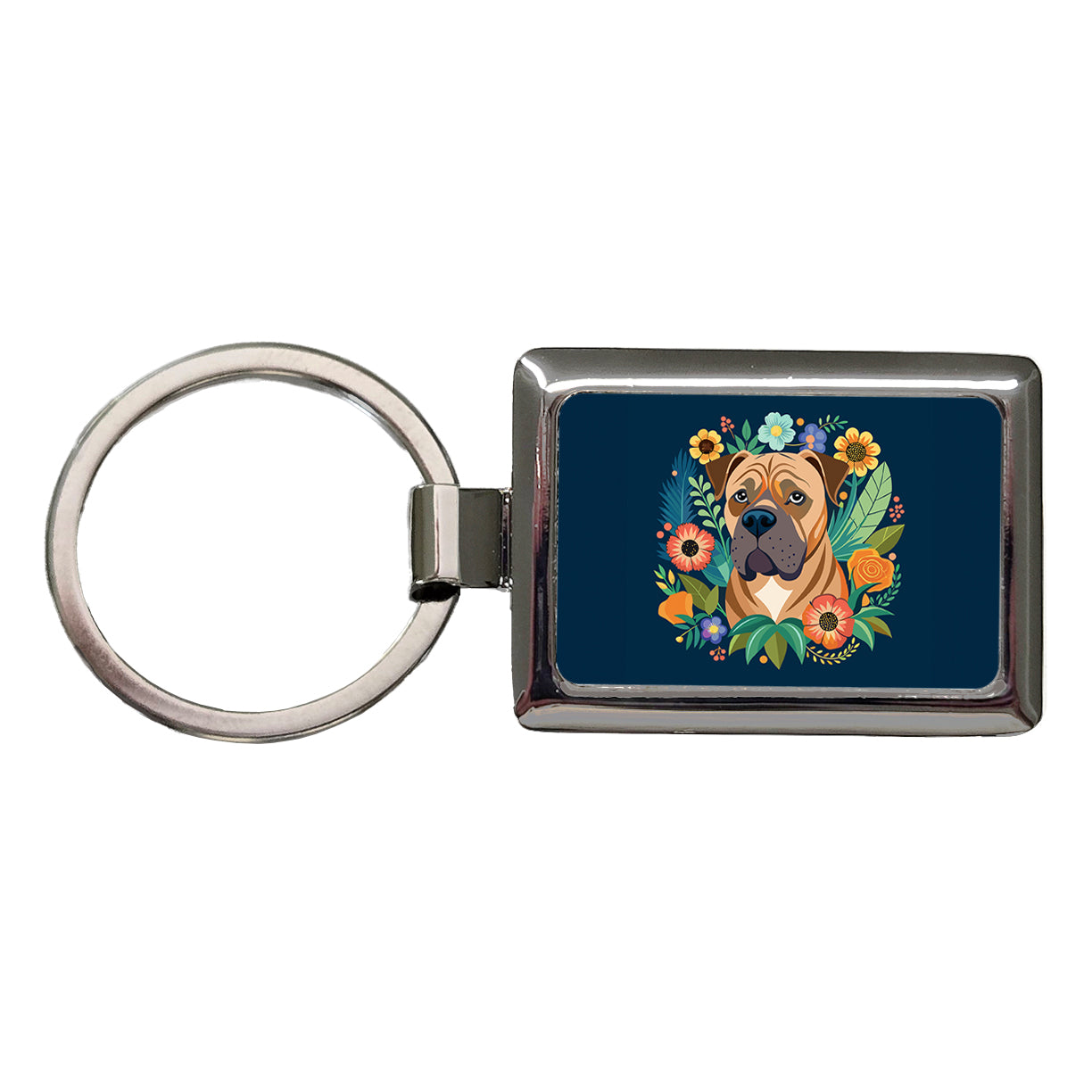 Bullmastiff Dog Floral Flowers Rectangle Metal Keychain