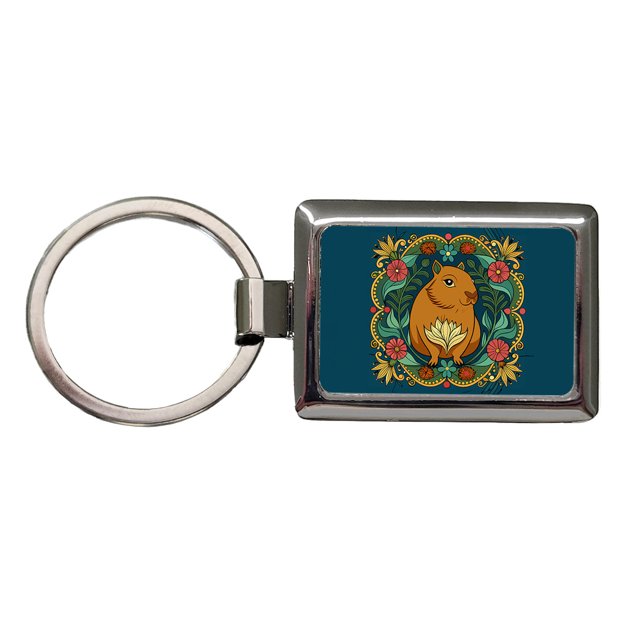 Capybara Floral Art Nouveau Flowers Elegant Rectangle Metal Keychain