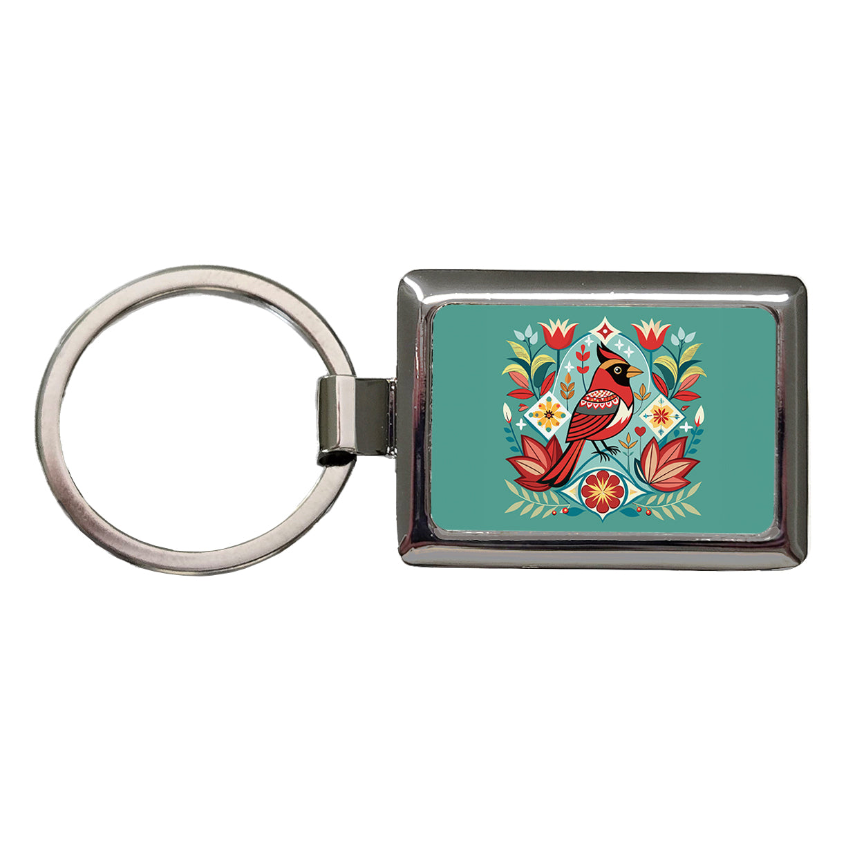 Cardinal Bird Floral Flowers Rectangle Metal Keychain