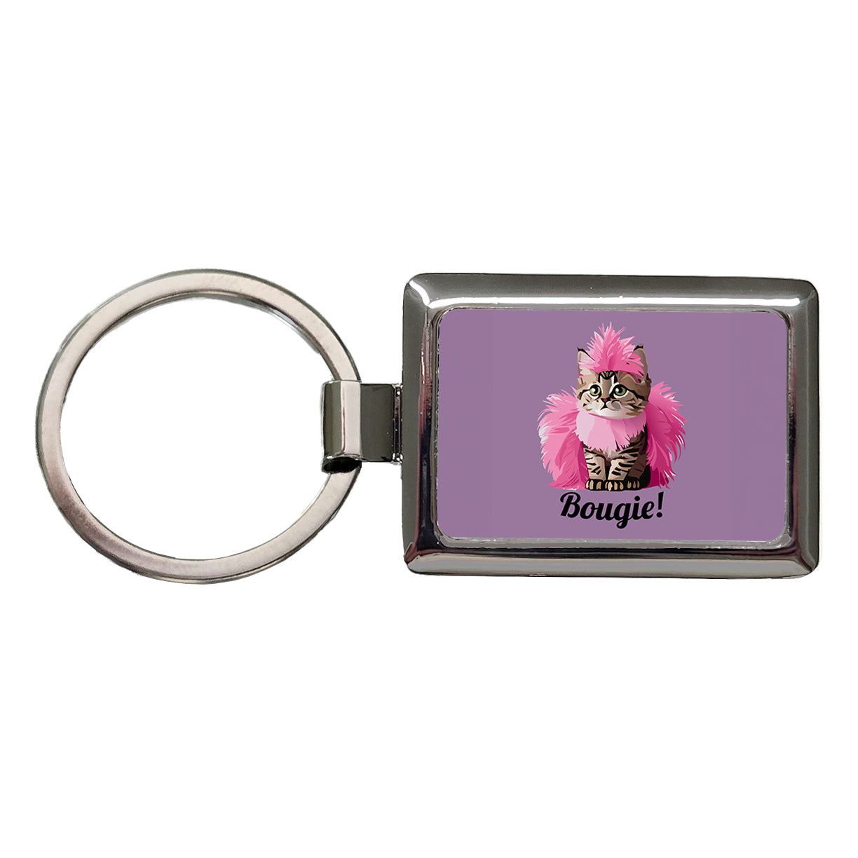 Cat Bougie Funny Pink Feather Boa Rectangle Metal Keychain