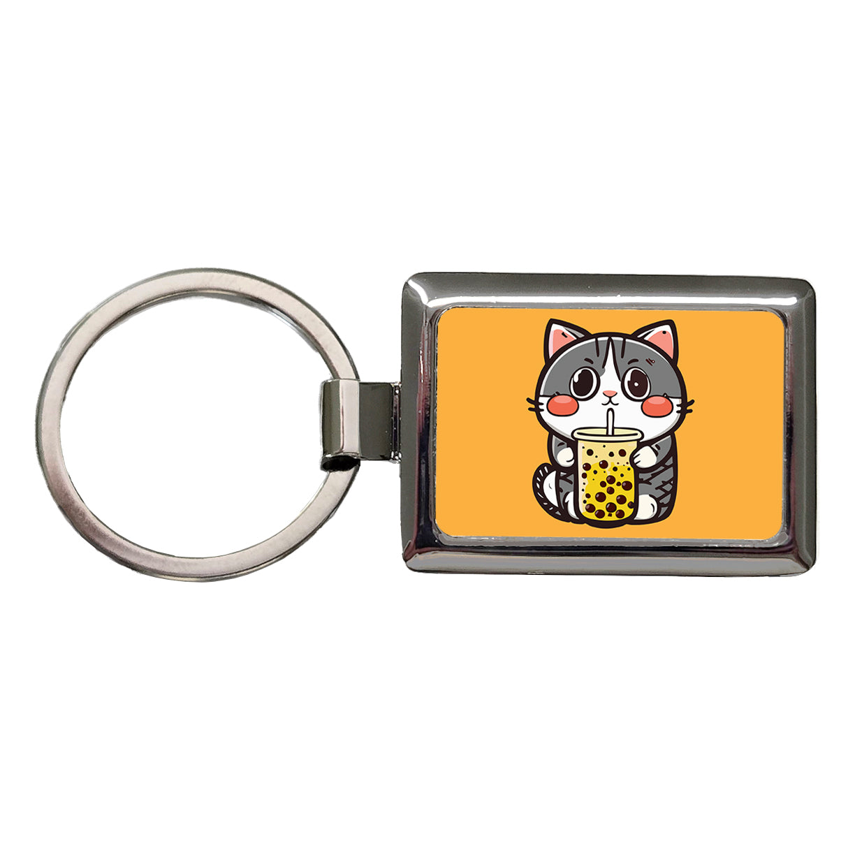 Cat Drinking Boba Bubble Tea Rectangle Metal Keychain
