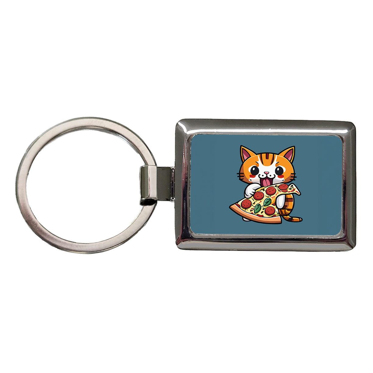 Cat Eating Pizza Funny Rectangle Metal Keychain