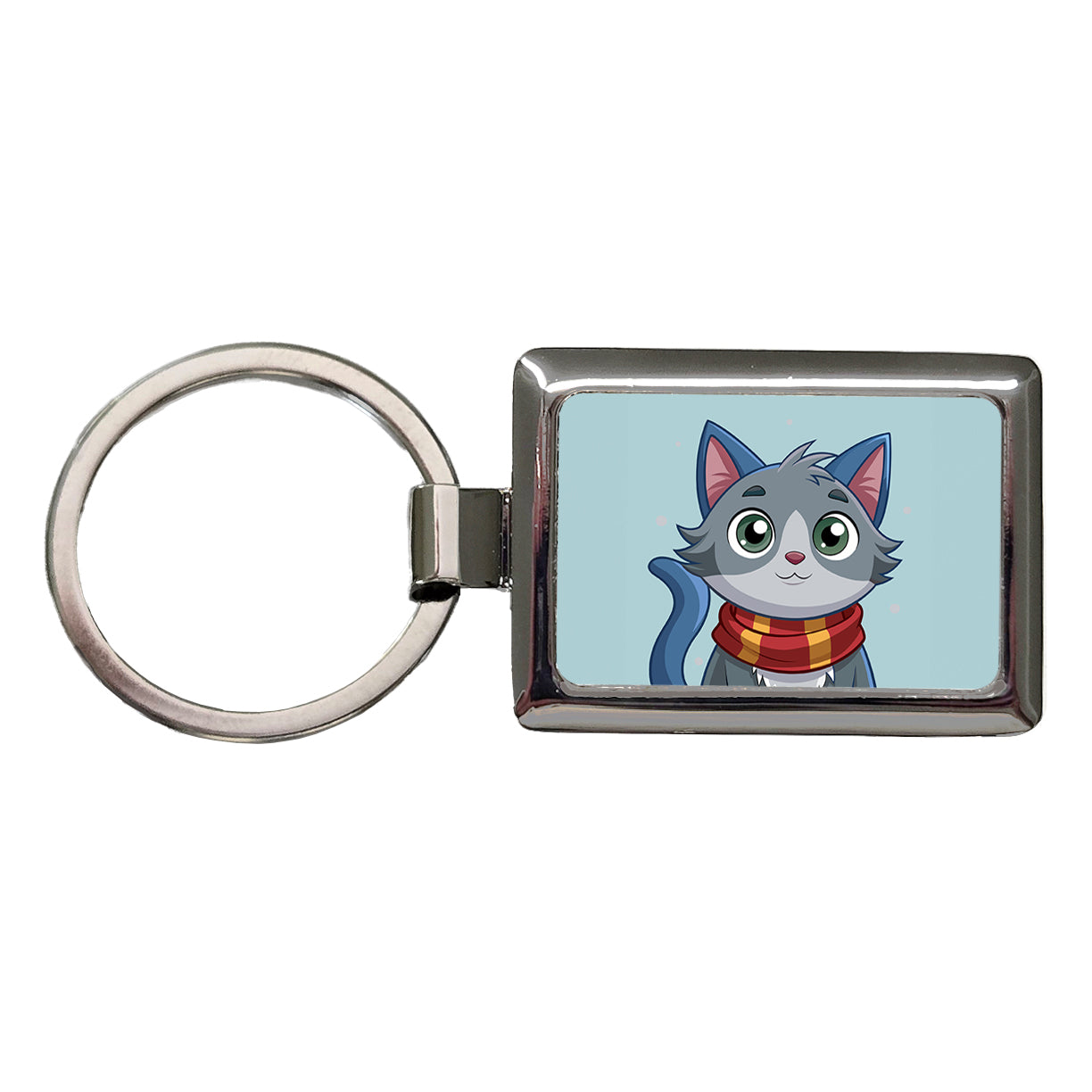 Cat Gray Wearing Winter Scarf Rectangle Metal Keychain