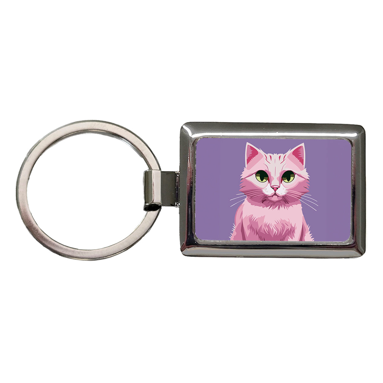 Cat Pink Rectangle Metal Keychain
