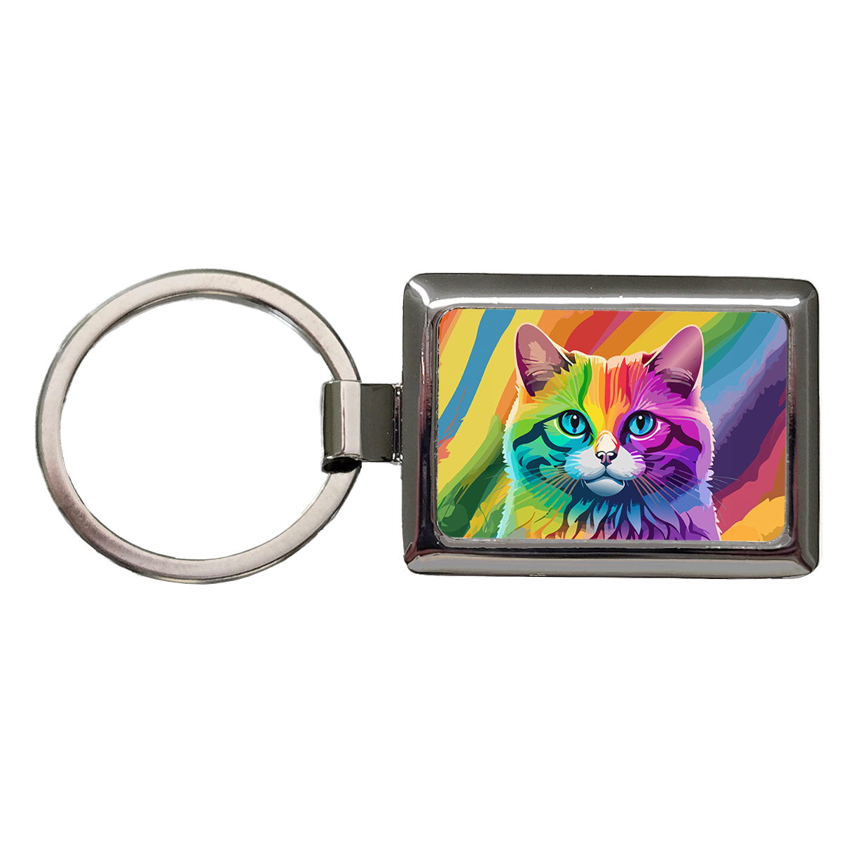 Cat Rainbow Rectangle Metal Keychain