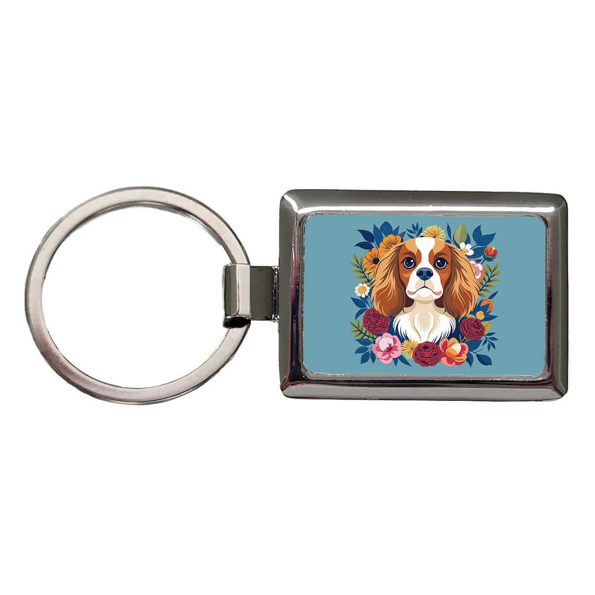 Cavalier King Charles Spaniel Dog Floral Flowers Rectangle Metal Keychain