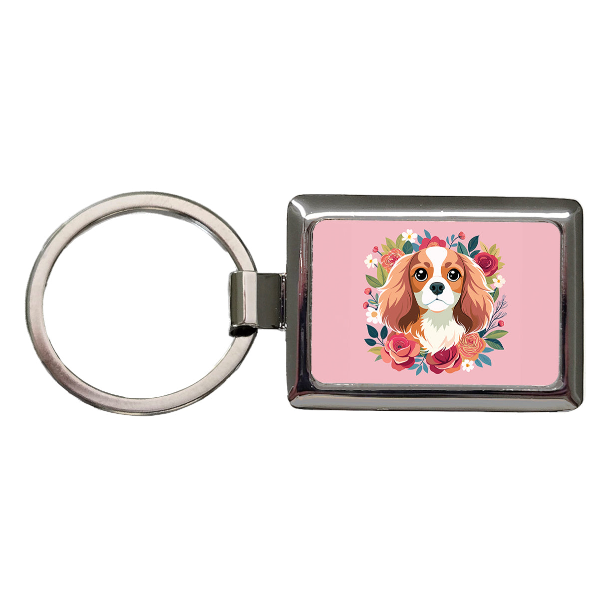 Cavalier King Charles Spaniel Dog Pink Floral Flowers Rectangle Metal Keychain