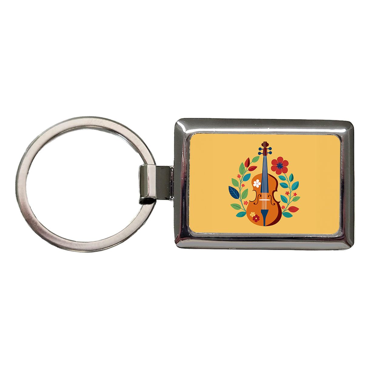 Cello Floral Motif Music Rectangle Metal Keychain