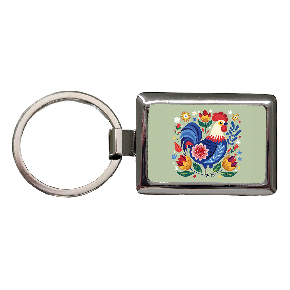 Chicken Rooster Floral Flowers Rectangle Metal Keychain