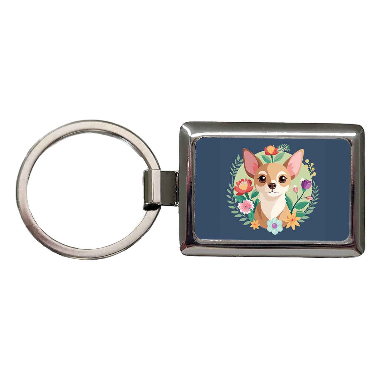 Chihuahua Dog Floral Flowers Rectangle Metal Keychain