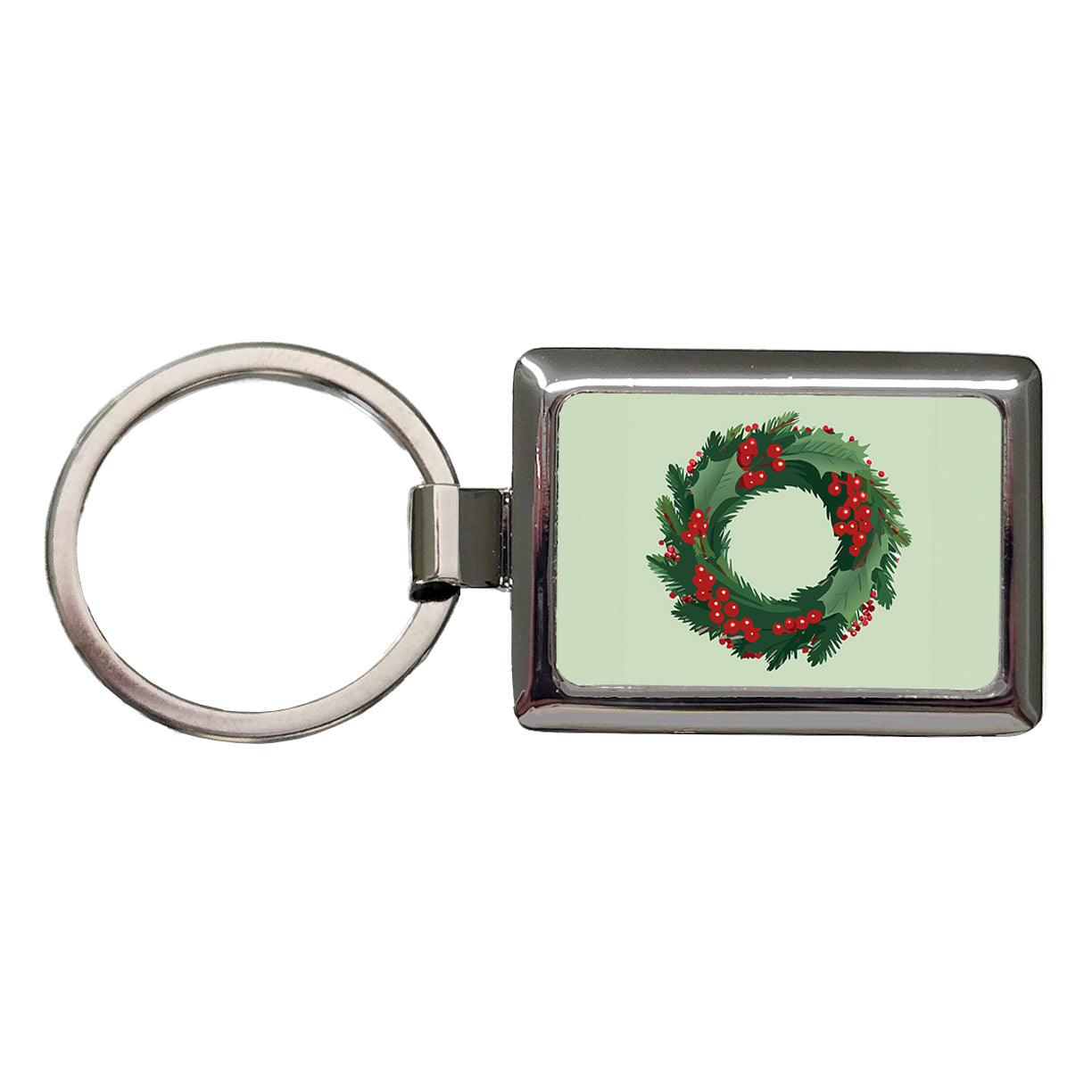 Christmas Wreath Holly Rectangle Metal Keychain
