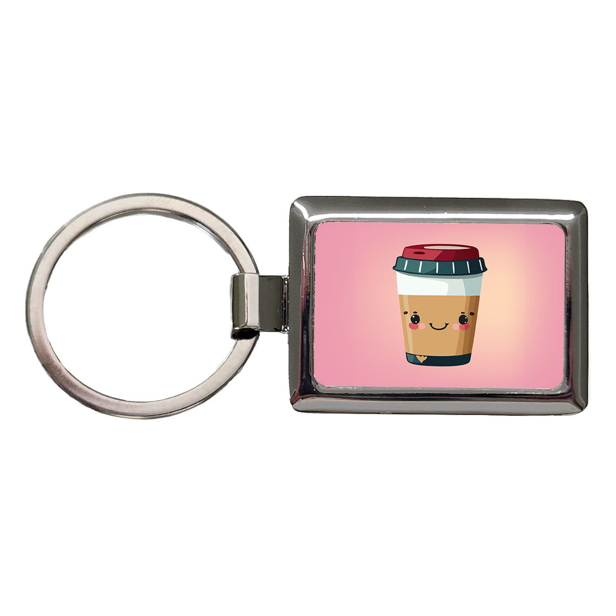 Coffee Travel Mug Smiling Rectangle Metal Keychain