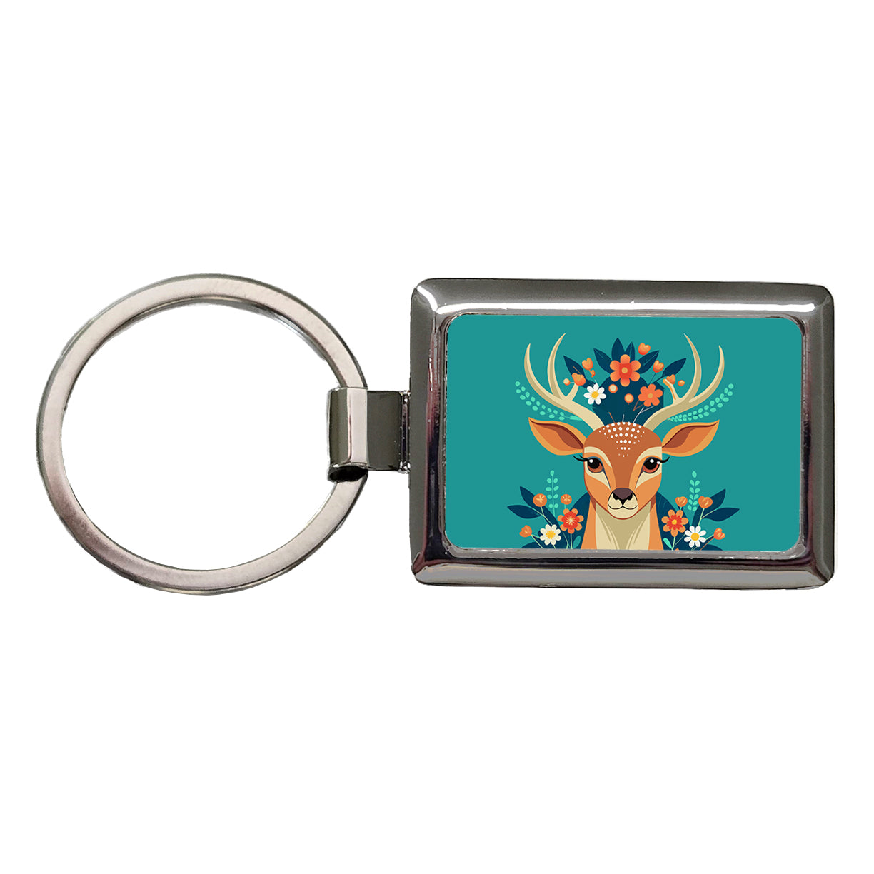 Deer Head Floral Flowers Rectangle Metal Keychain