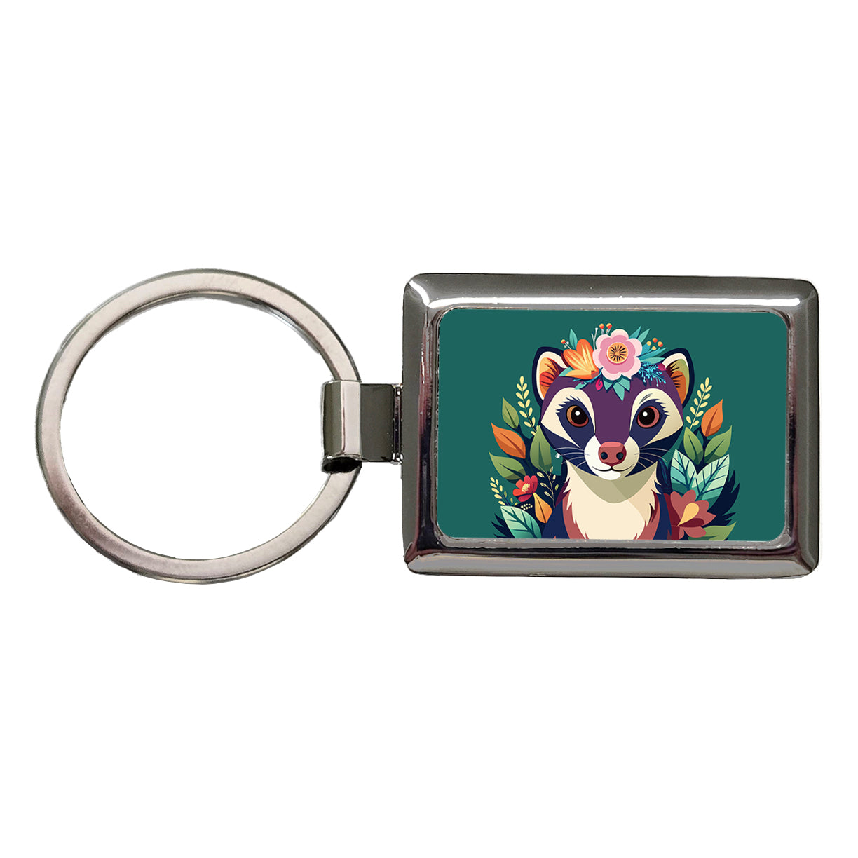 Ferret Head Floral Flowers Rectangle Metal Keychain