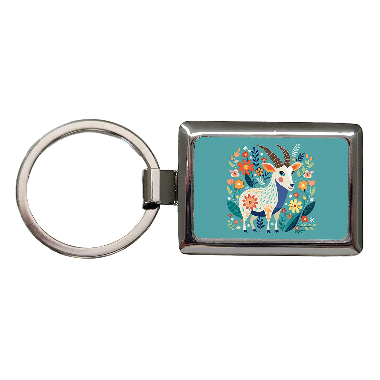 Goat Floral Flowers Rectangle Metal Keychain