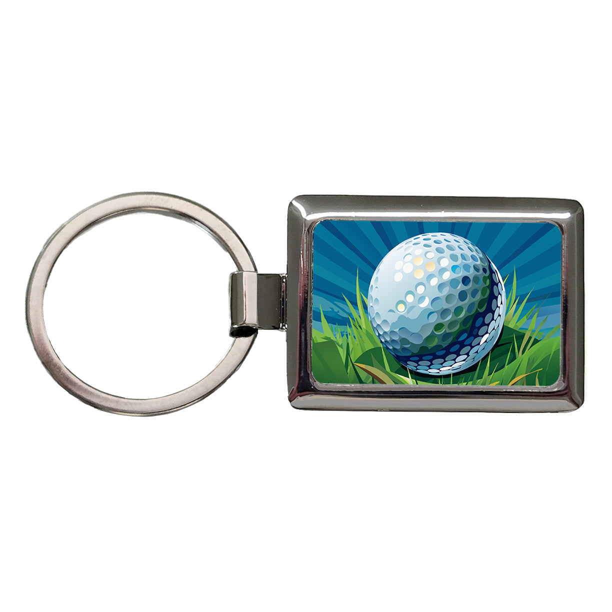 Golf Ball on Grass Sport Rectangle Metal Keychain