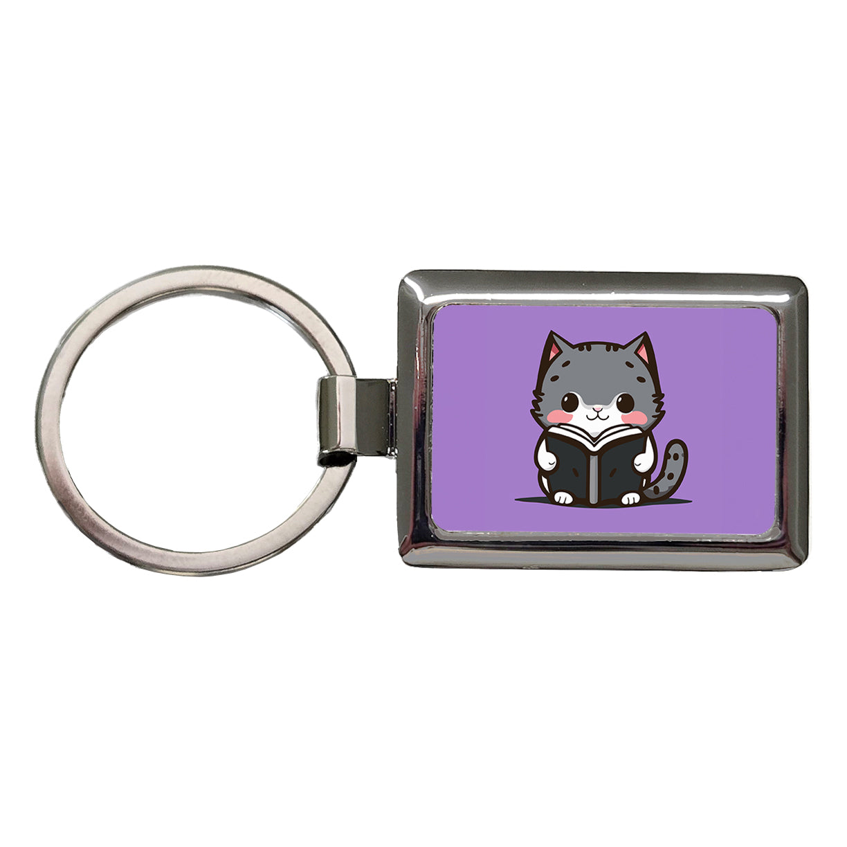 Gray Cat Reading Book Rectangle Metal Keychain