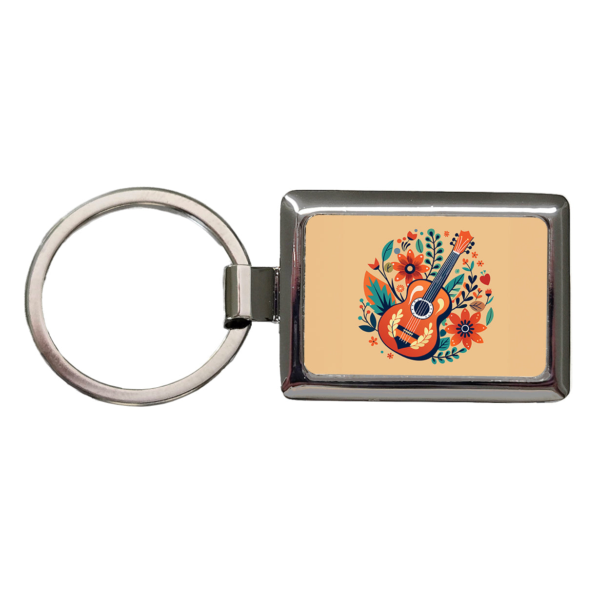 Guitar Music Floral Motif Rectangle Metal Keychain