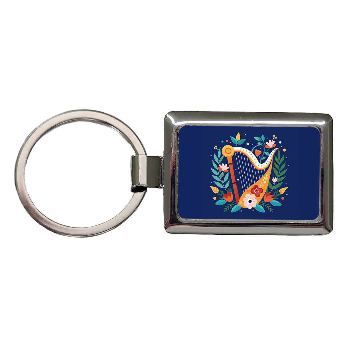 Harp Music Floral Motif Rectangle Metal Keychain