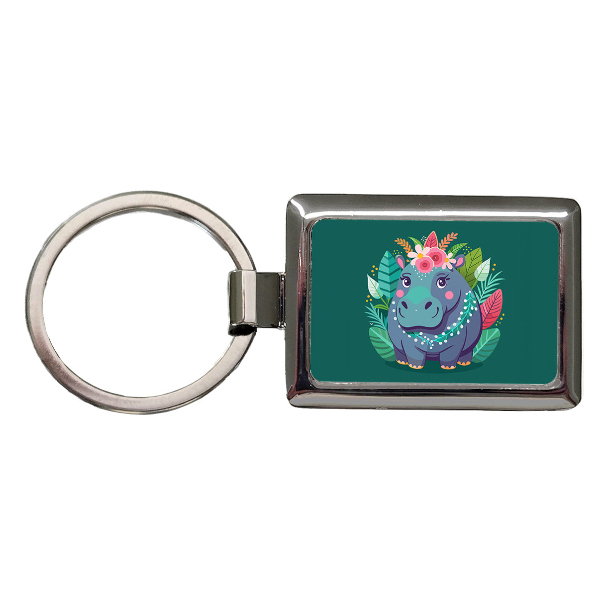 Hippopotamus Floral Flowers Rectangle Metal Keychain