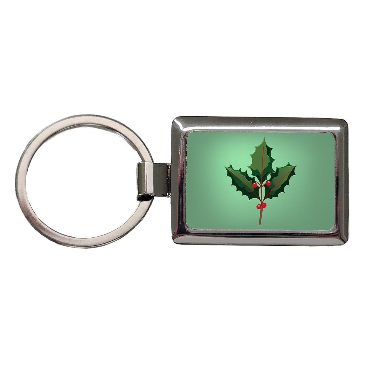 Holly Christmas Greenery Rectangle Metal Keychain