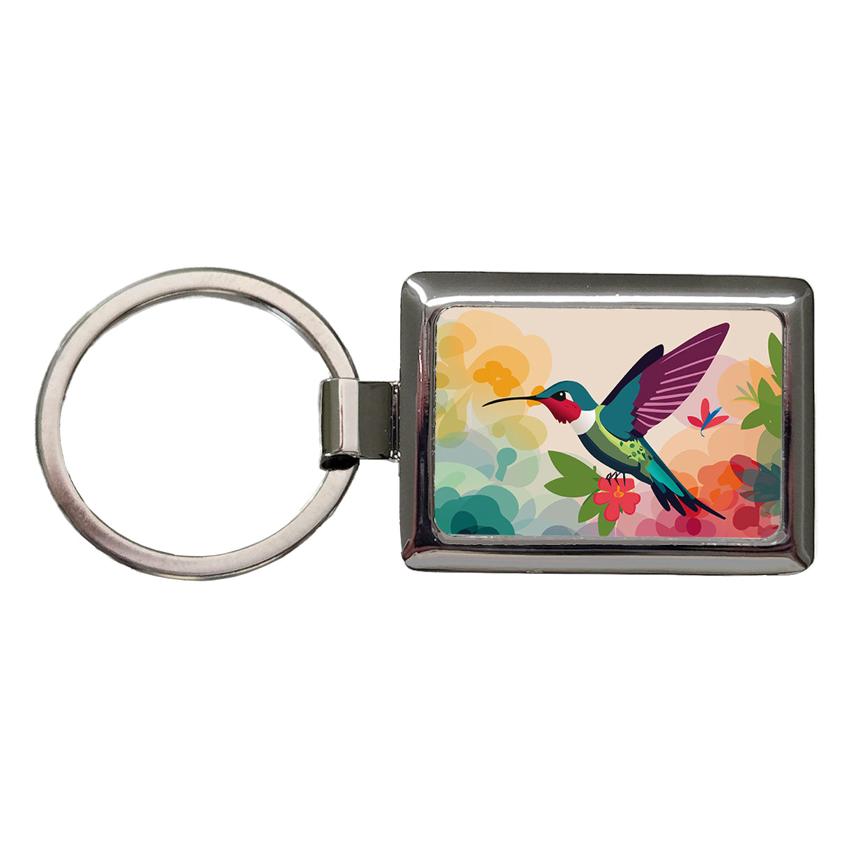 Hummingbird Colorful with Flowers Rectangle Metal Keychain