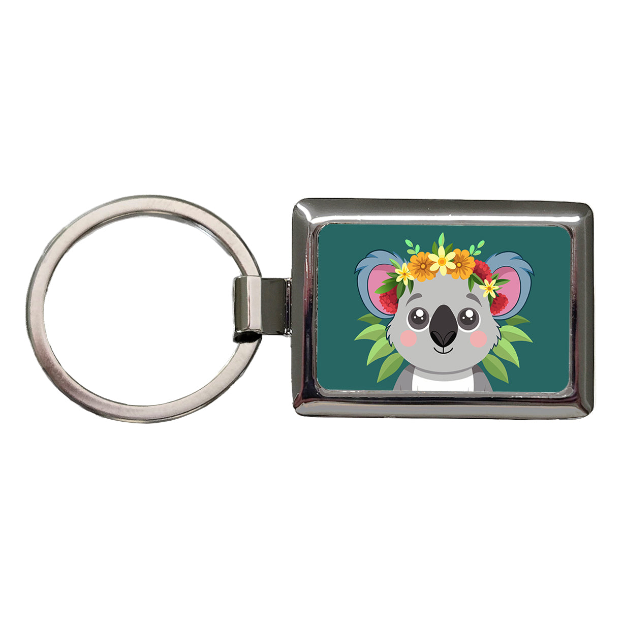 Koala Head Floral Flowers Rectangle Metal Keychain