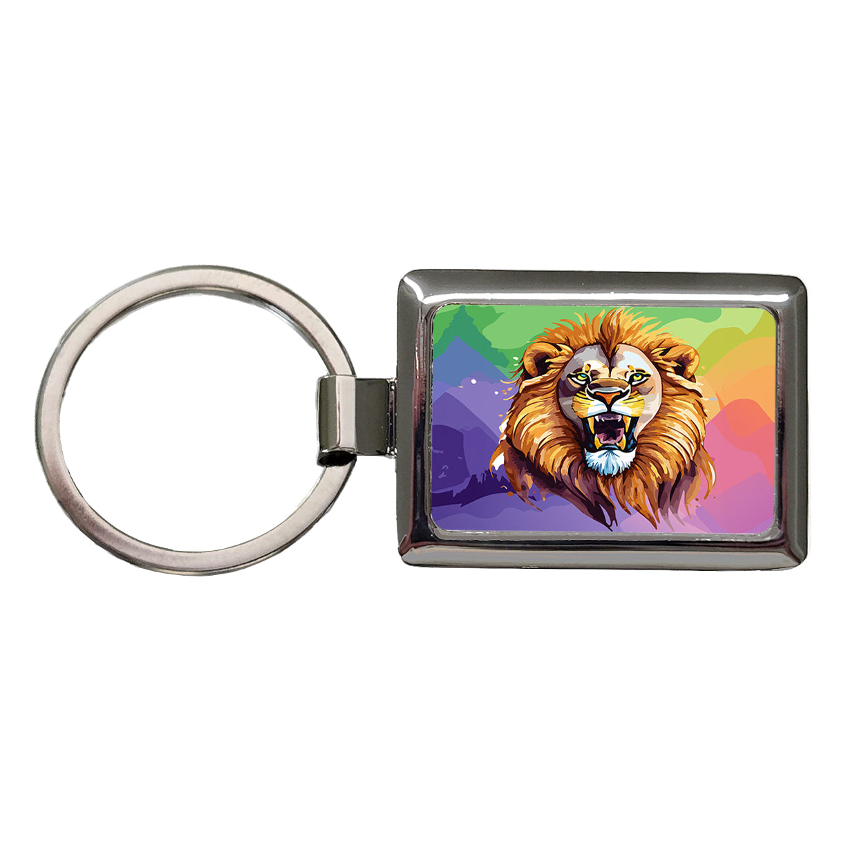 Lion Roaring Male Watercolor Rectangle Metal Keychain