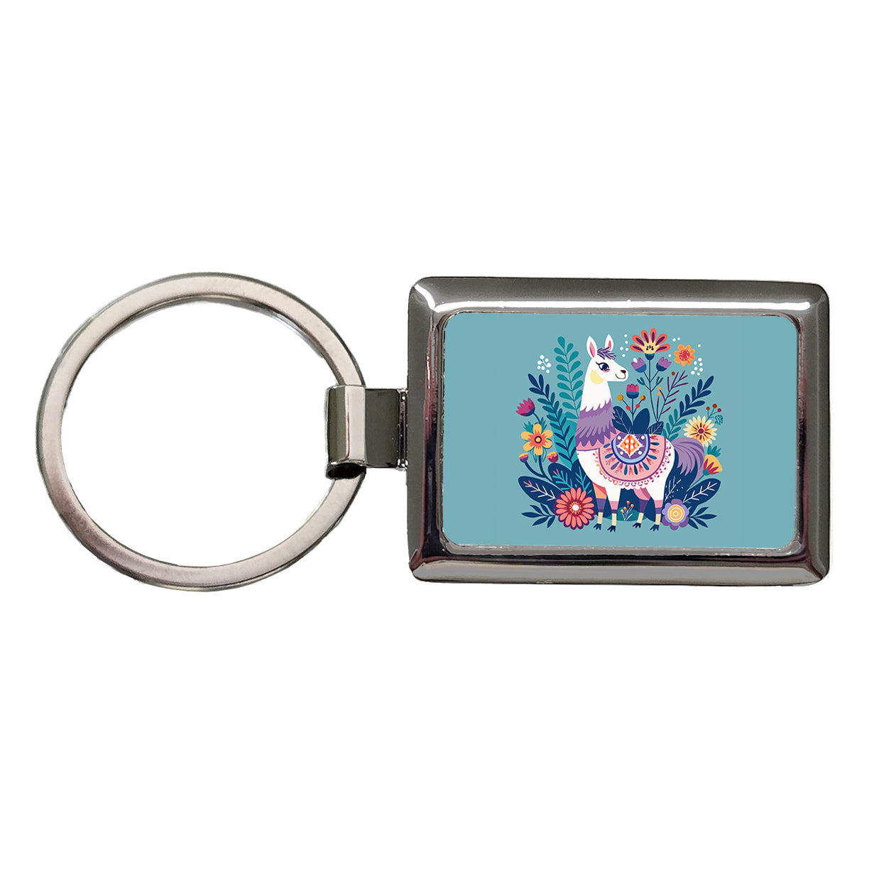 Llama Alpaca Floral Flowers Rectangle Metal Keychain