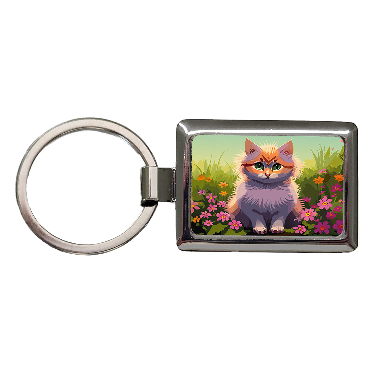 Munchkin Cat in Flower Garden Rectangle Metal Keychain