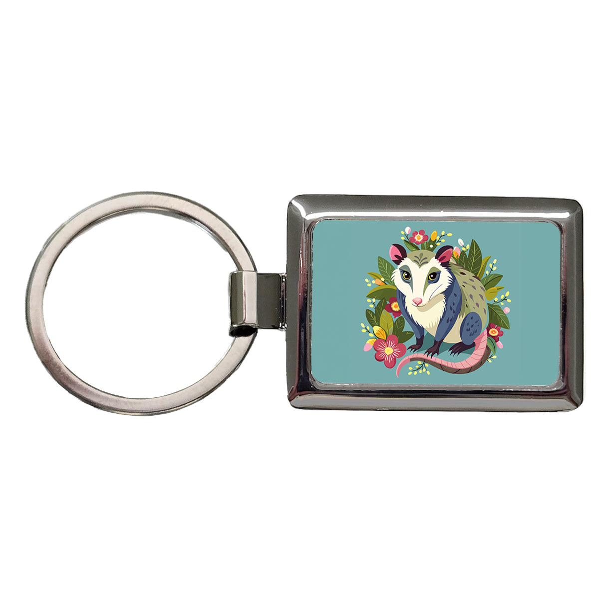Opossum Floral Flowers Rectangle Metal Keychain