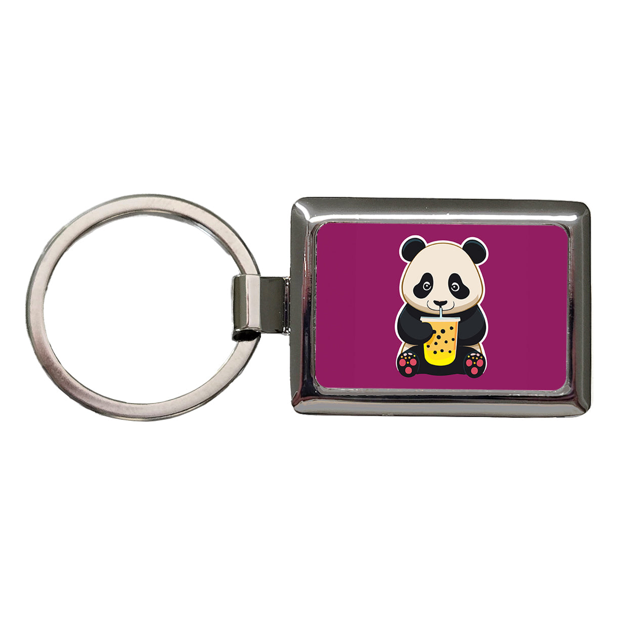 Panda Drinking Boba Bubble Tea Rectangle Metal Keychain