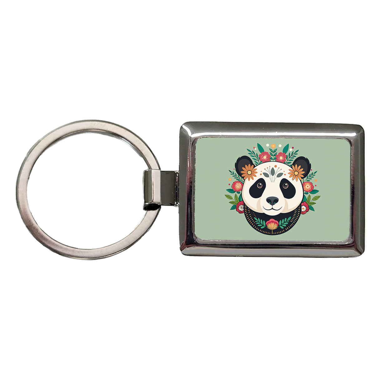 Panda Head Floral Flowers Rectangle Metal Keychain