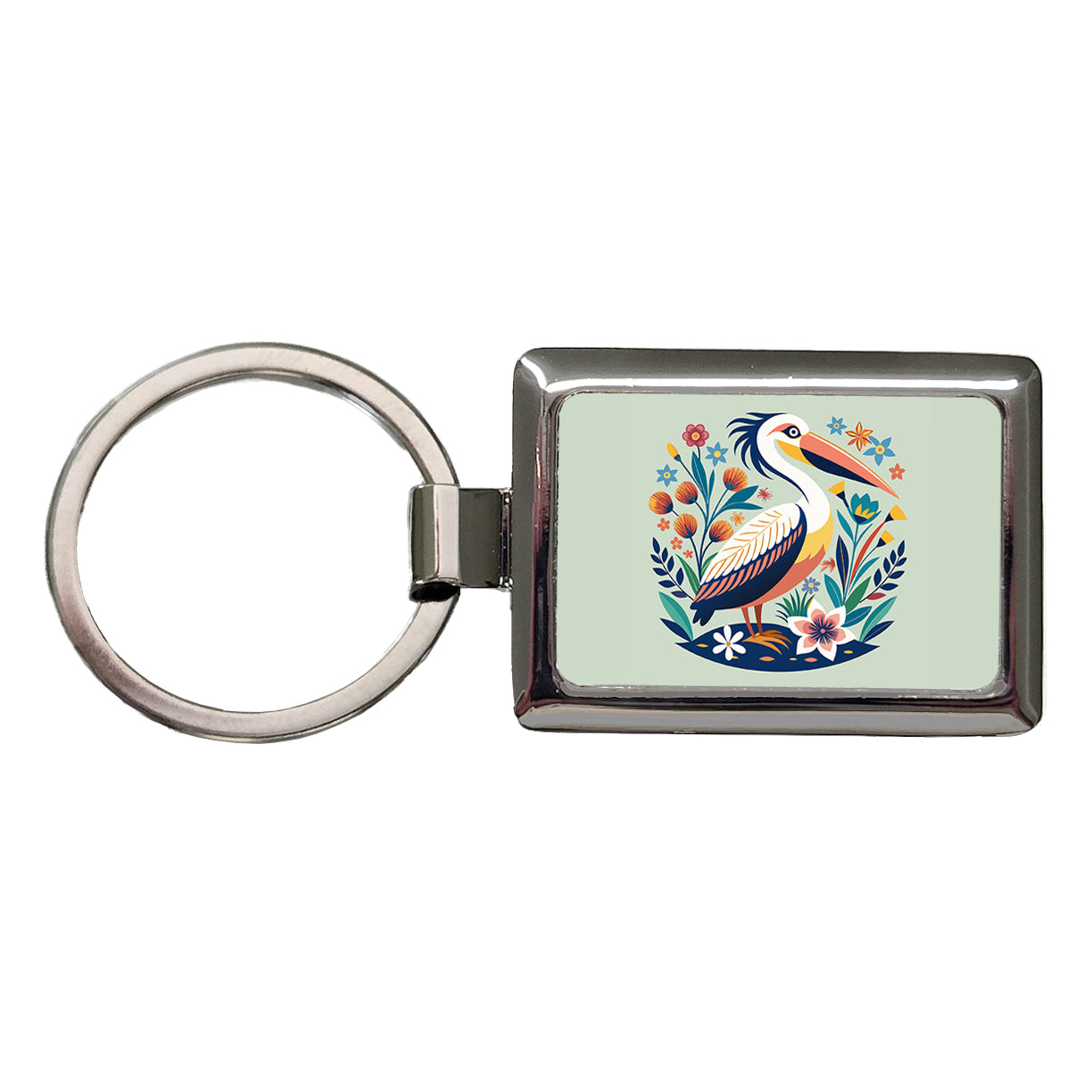 Pelican Bird Floral Flowers Rectangle Metal Keychain