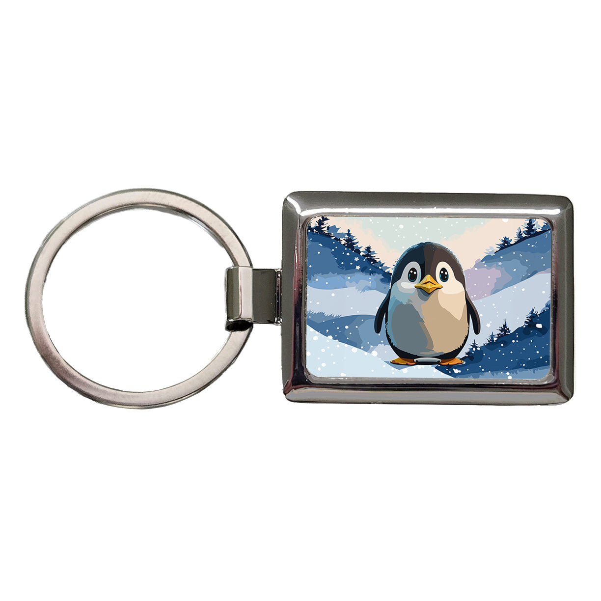 Penguin Staring Rectangle Metal Keychain