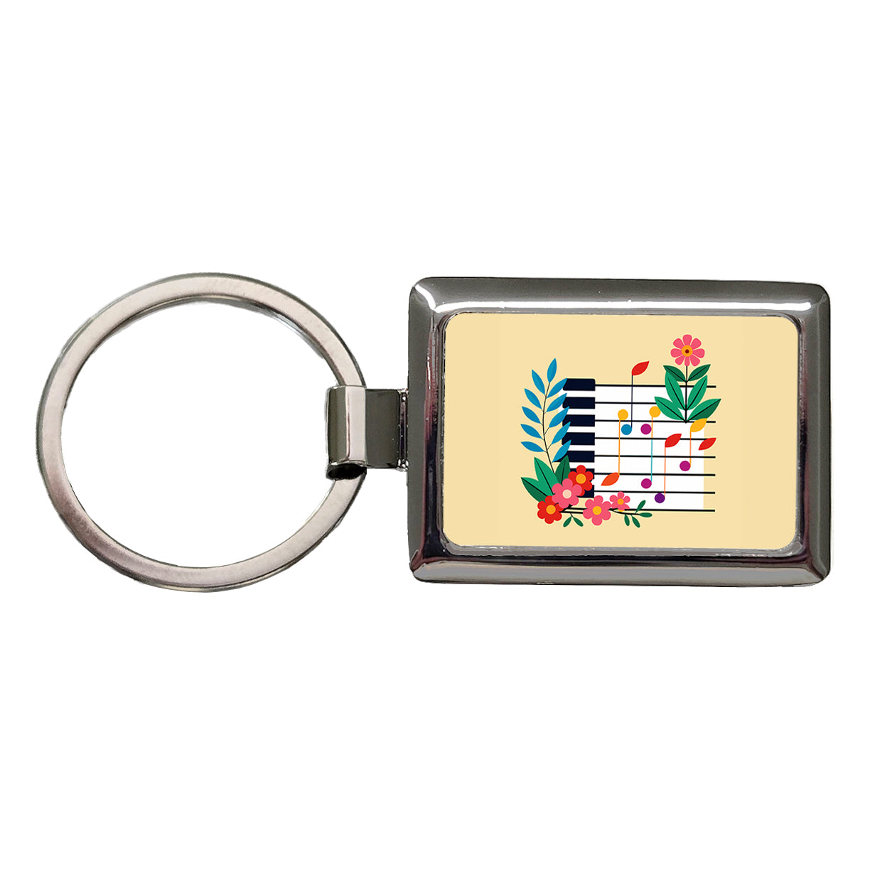 Piano Music Floral Motif Rectangle Metal Keychain
