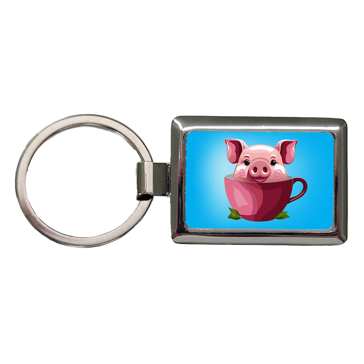 Pig Teacup Rectangle Metal Keychain