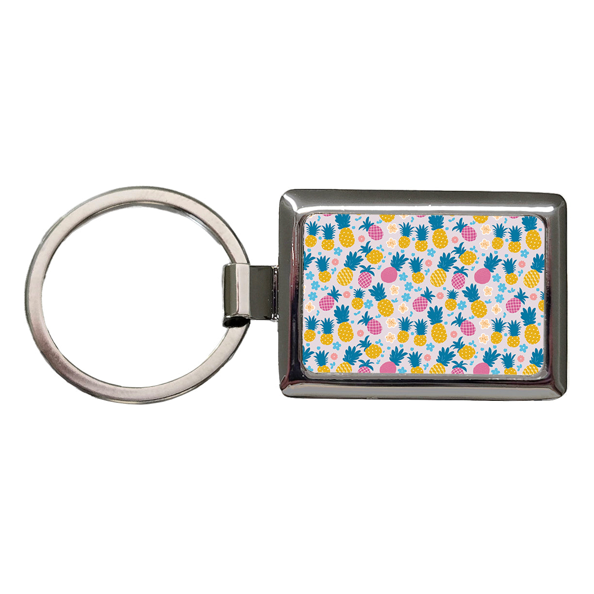 Pineapples Tropical Flowers Pattern Rectangle Metal Keychain