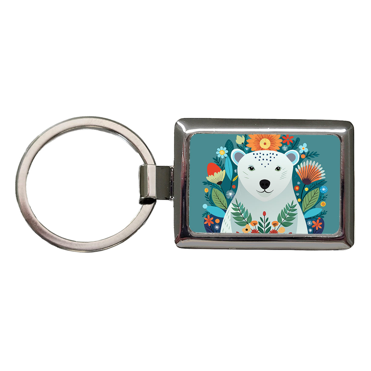 Polar Bear Floral Flowers Rectangle Metal Keychain