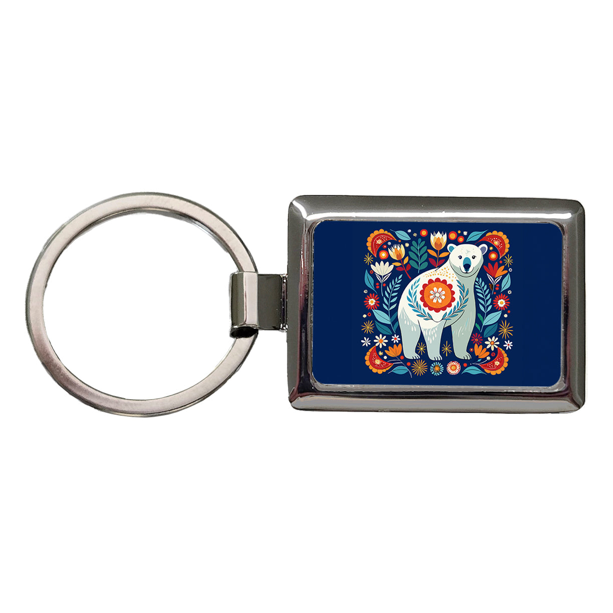 Polar Bear Floral Motif Rectangle Metal Keychain