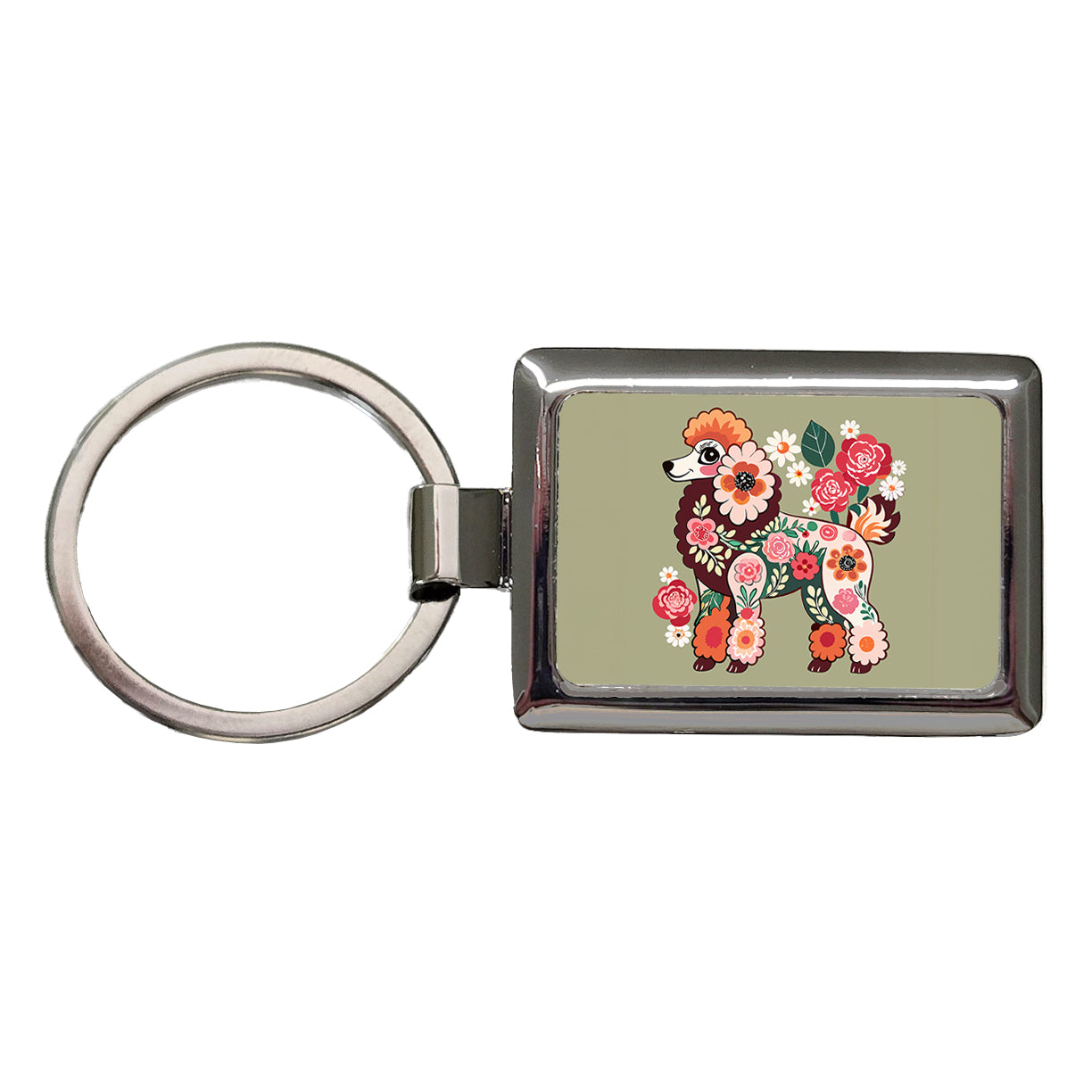 Poodle Dog Floral Motif Rectangle Metal Keychain