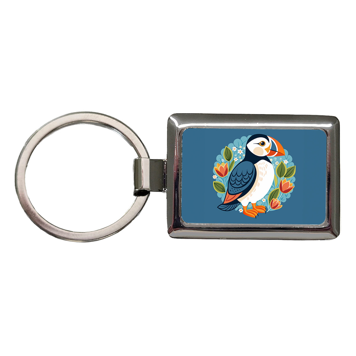 Puffin Bird Floral Flowers Rectangle Metal Keychain