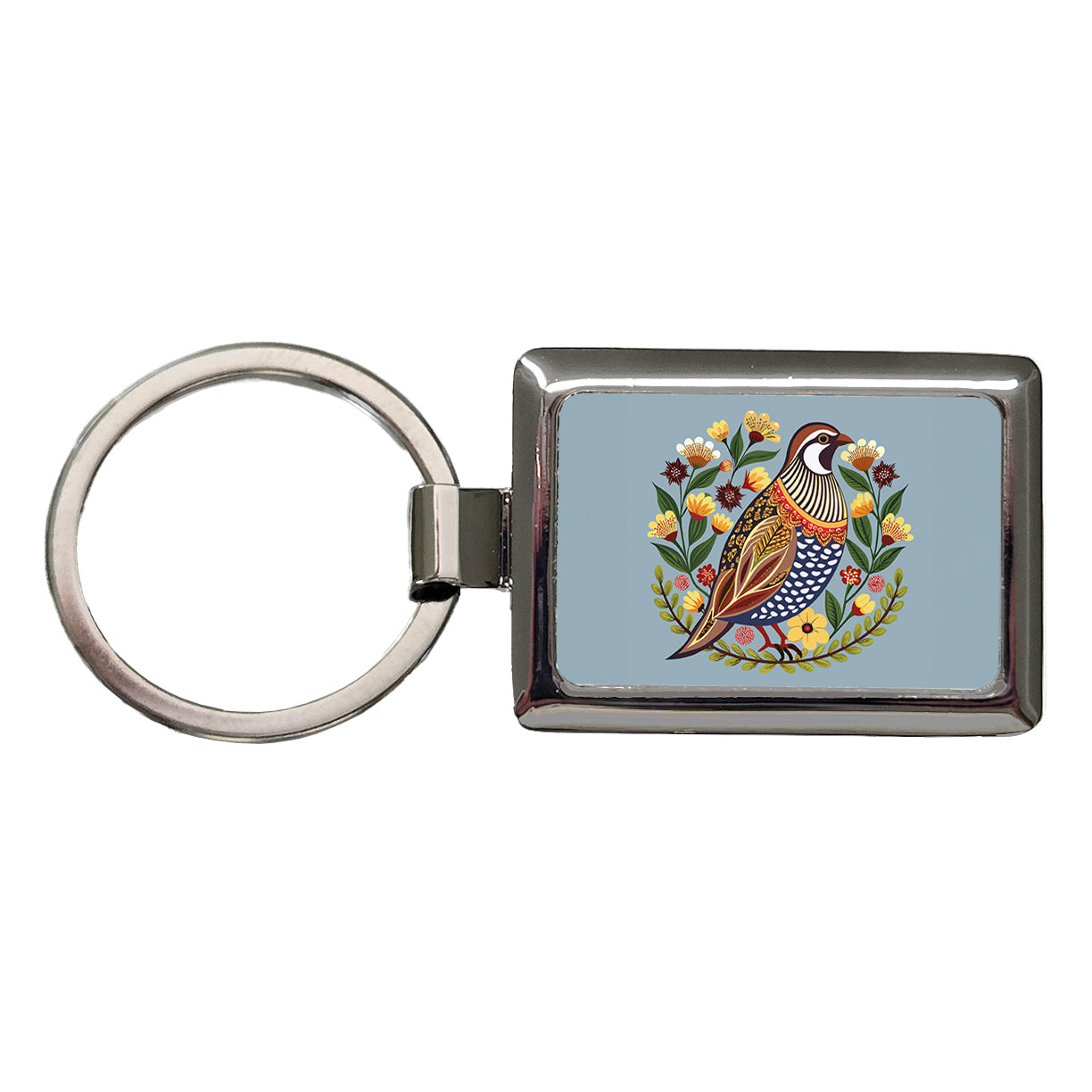 Quail Bird Floral Flowers Rectangle Metal Keychain