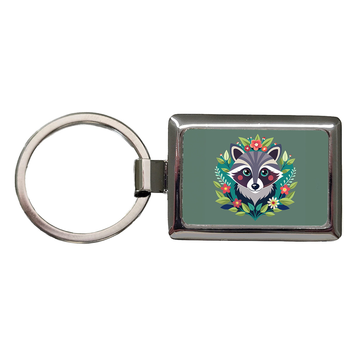 Raccoon in Floral Wreath Rectangle Metal Keychain